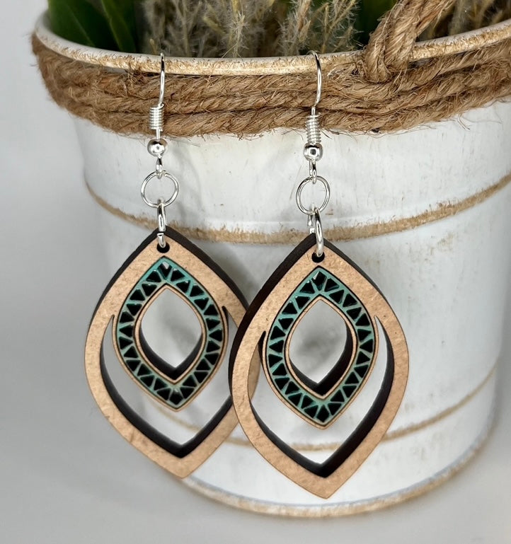 Western style teal teardrop cutout earrings handpainted