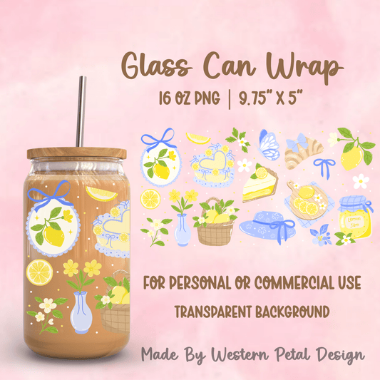 Lemon Coquette 16oz Glass Can Wrap PNG | 9.75x5 - Western Petal Design