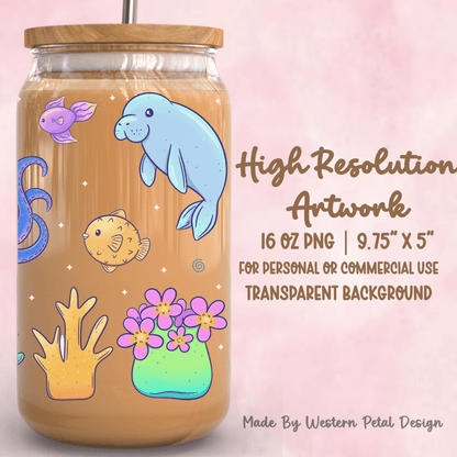 Ocean Animals Glass Can Wrap PNG | 16oz Tumbler Sublimation Design - Western Petal Design