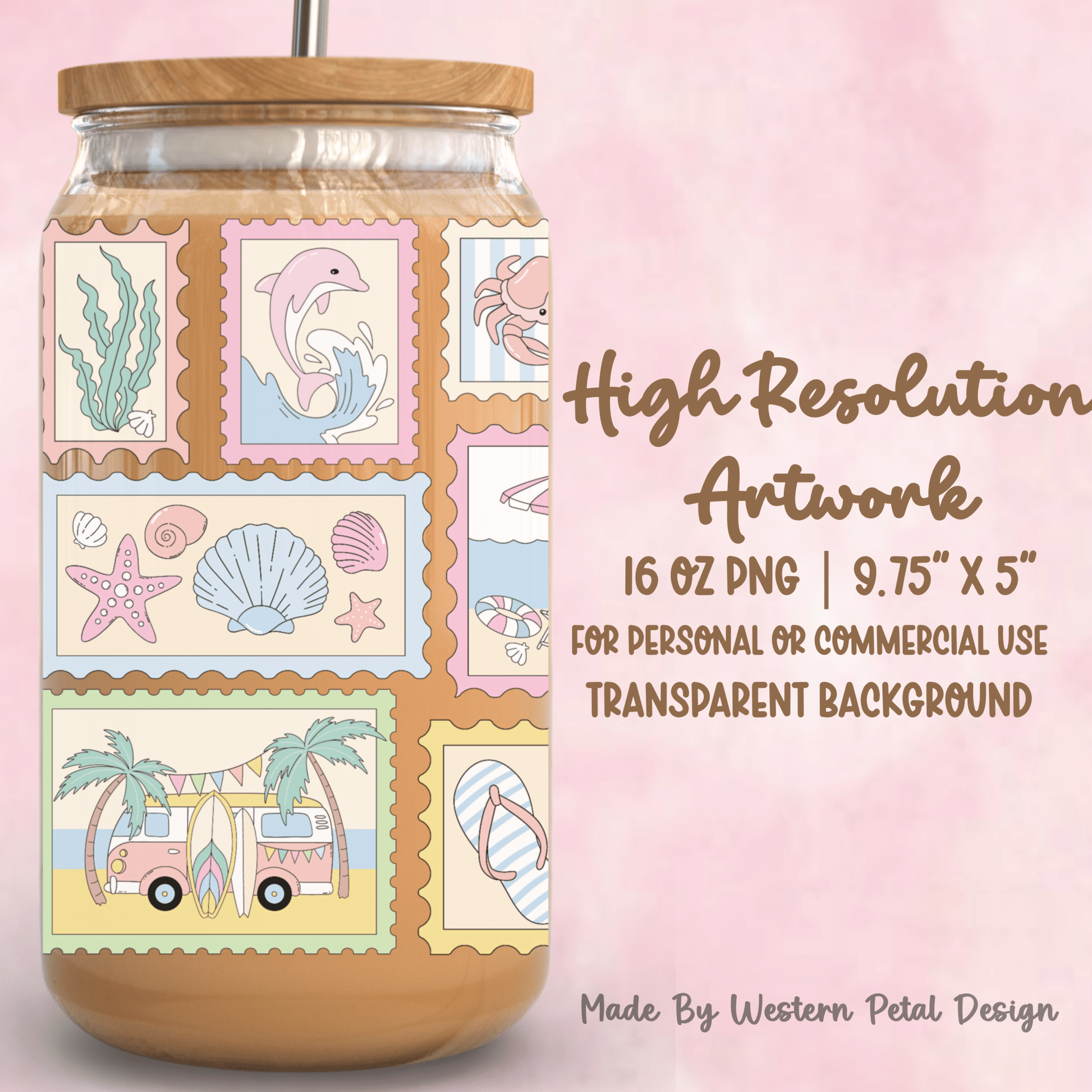 Pastel Beach Stamp Glass Can Wrap PNG | Summer Coastal Clipart (Digital Download) - Western Petal Design