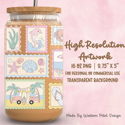 Pastel Beach Stamp Glass Can Wrap PNG | Summer Coastal Clipart (Digital Download) - Western Petal Design