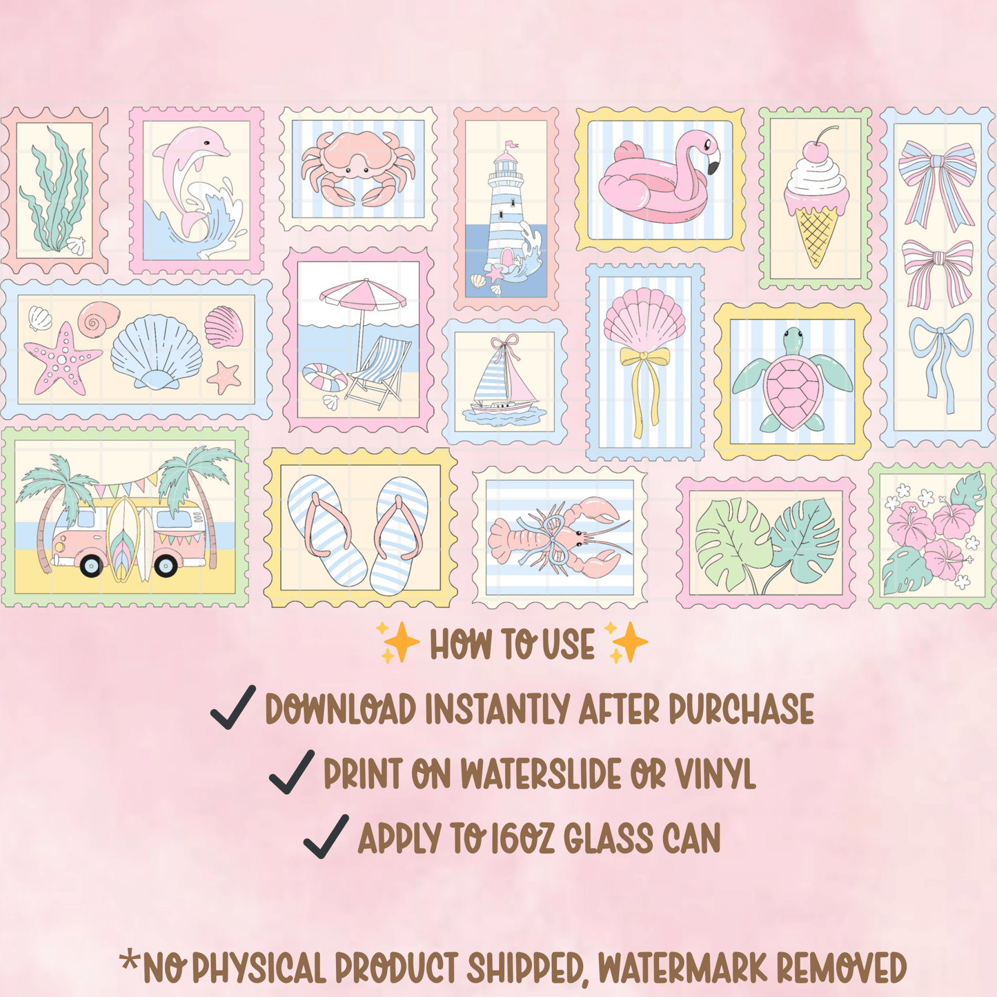 Pastel Beach Stamp Glass Can Wrap PNG | Summer Coastal Clipart (Digital Download) - Western Petal Design