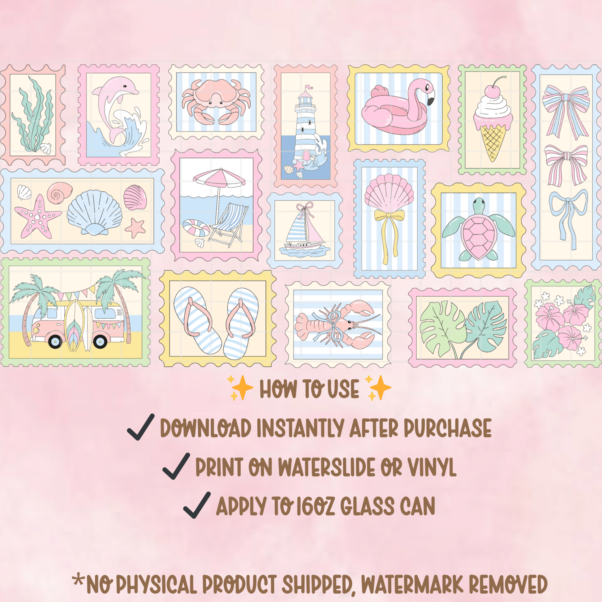 Pastel Beach Stamp Glass Can Wrap PNG | Summer Coastal Clipart (Digital Download) - Western Petal Design