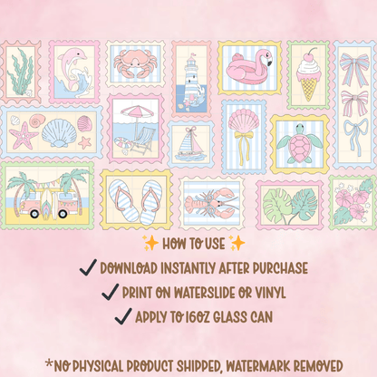 Pastel Beach Stamp Glass Can Wrap PNG | Summer Coastal Clipart (Digital Download) - Western Petal Design