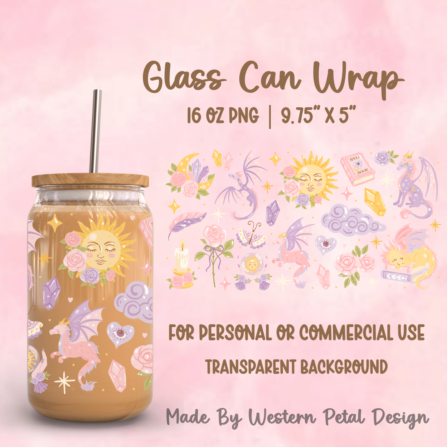 Pastel Dragon 16oz Glass Can Wrap PNG | 9.75x5 - Western Petal Design