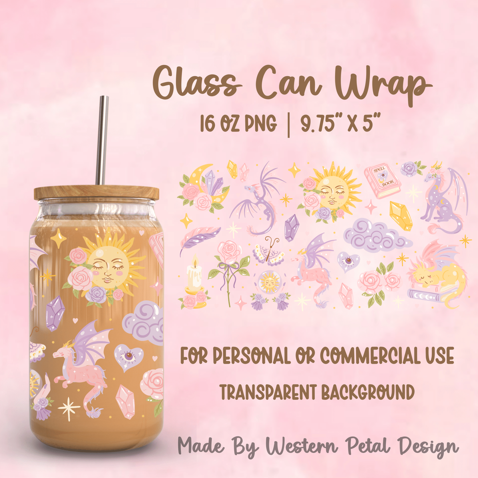 Pastel Dragon 16oz Glass Can Wrap PNG | 9.75x5 - Western Petal Design
