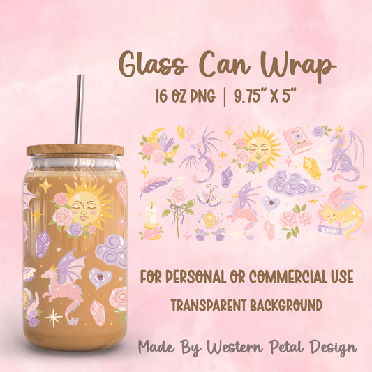 Pastel Dragon 16oz Glass Can Wrap PNG | 9.75x5 - Western Petal Design
