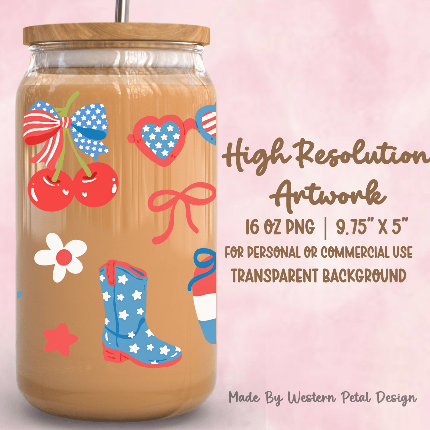 Patriotic Tumbler Wrap PNG | Retro 4th of July 16oz Glass Can Design (Digital Download) - Western Petal Design