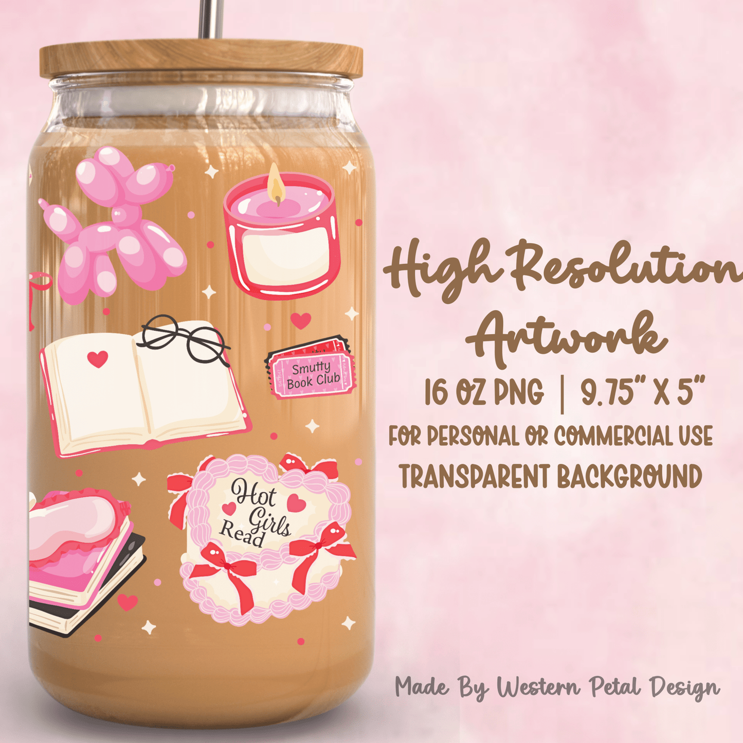 Pink Coquette Bookish 16oz Glass Can Wrap | Romance Girlie PNG (Digital Download) - Western Petal Design