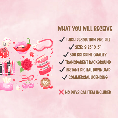 Pink Coquette Bookish 16oz Glass Can Wrap | Romance Girlie PNG (Digital Download) - Western Petal Design