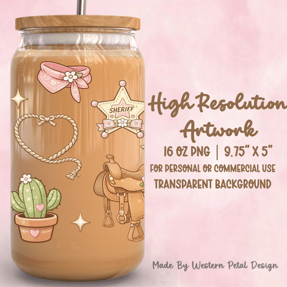 Pink Cowgirl 16oz Libbey Glass Can Wrap PNG | Western Tumbler Design (Digital Download) - Western Petal Design
