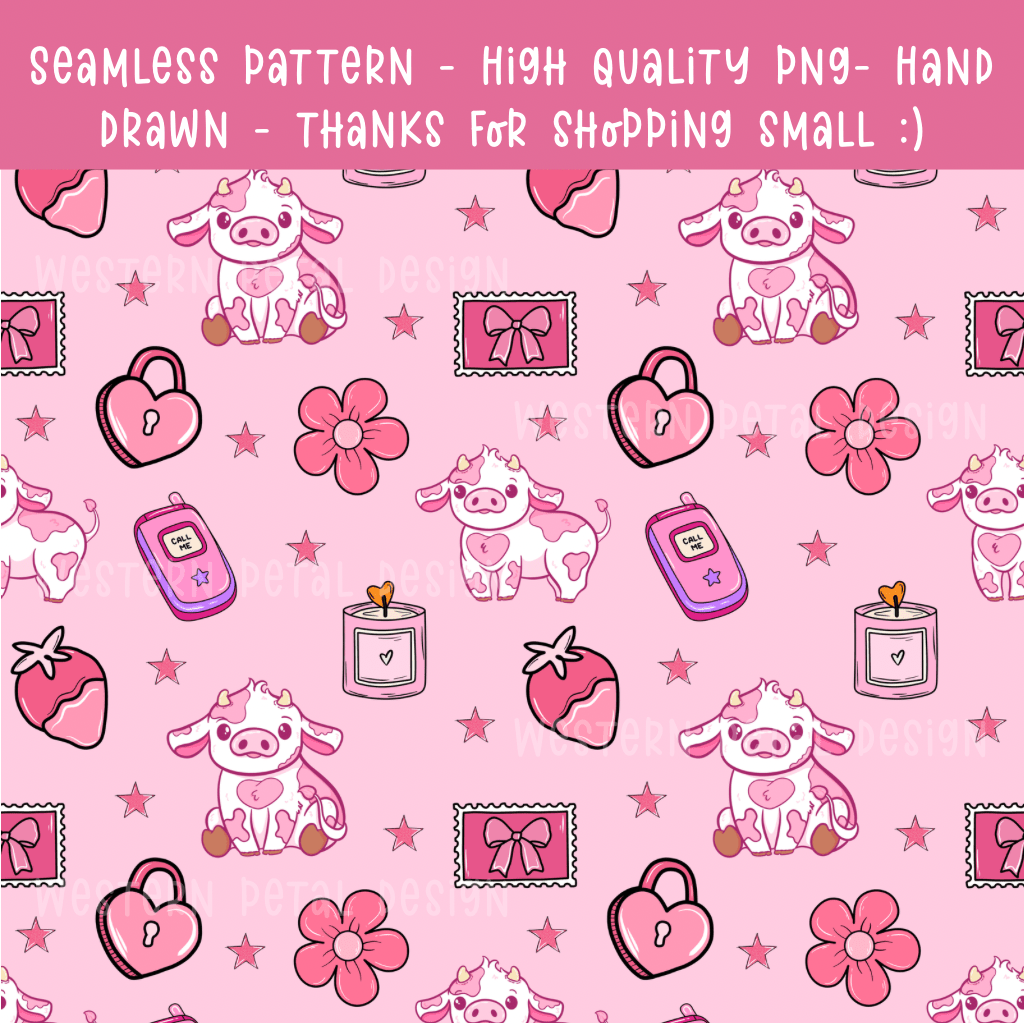 Pink Valentine Cow Print • 12x12 300 DPI • Strawberry Hearts Western Pattern - Western Petal Design