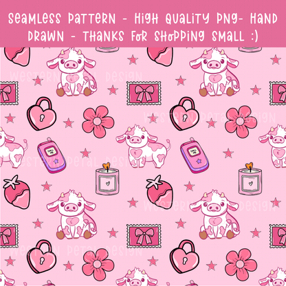 Pink Valentine Cow Print • 12x12 300 DPI • Strawberry Hearts Western Pattern - Western Petal Design