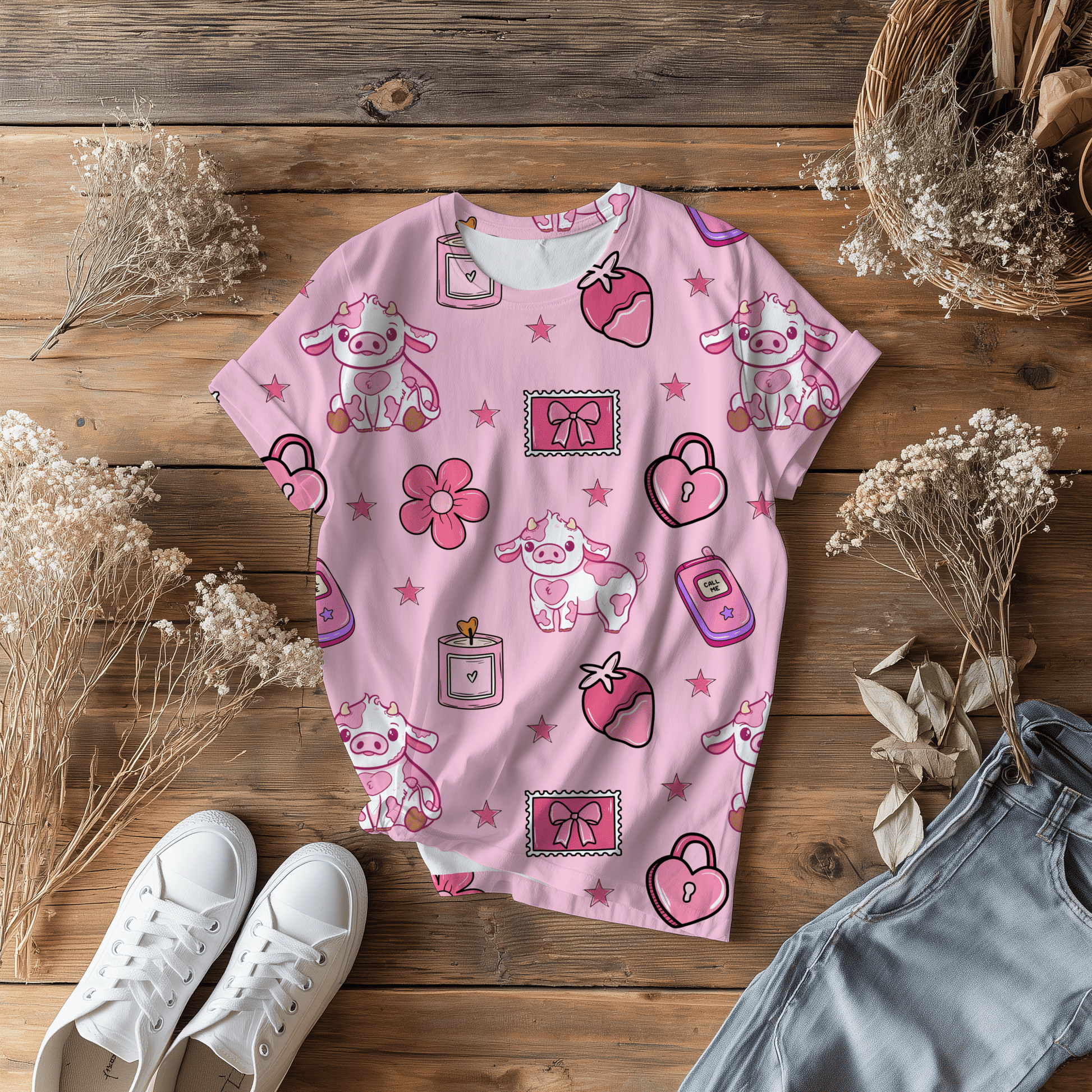 Pink Valentine Cow Print • 12x12 300 DPI • Strawberry Hearts Western Pattern - Western Petal Design