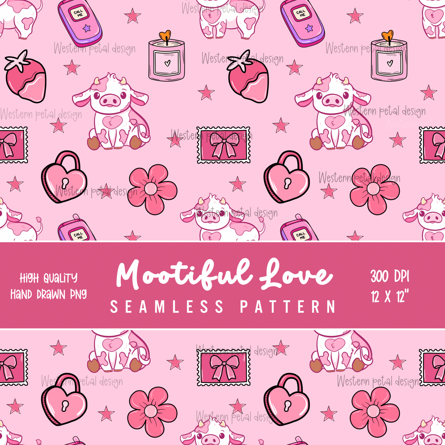 Pink Valentine Cow Print • 12x12 300 DPI • Strawberry Hearts Western Pattern - Western Petal Design