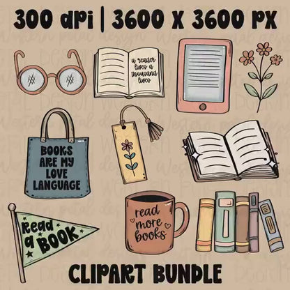 Book Lover Clipart Bundle PNG, Reading Aesthetic Clipart, Kindle Clipart, Bookworm Graphics, Cozy Reader PNG, Retro Reading Clipart