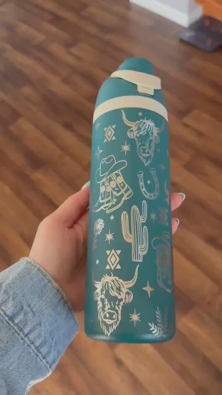 Western Owala DUPE 24 oz Tumbler | Engraved Cowgirl Water Bottle | Cactus Boots Highland Cow| Leak Proof Straw Lid | Western Gift for Her