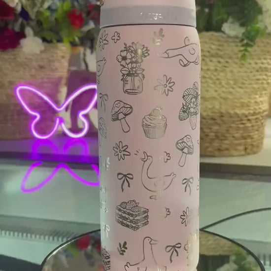 Engraved Owala Tumbler, Whimsical Goose Floral Water Bottle, Cute Cottagecore Owala Cup, Mushroom Bow Design, 24 32 oz Gift