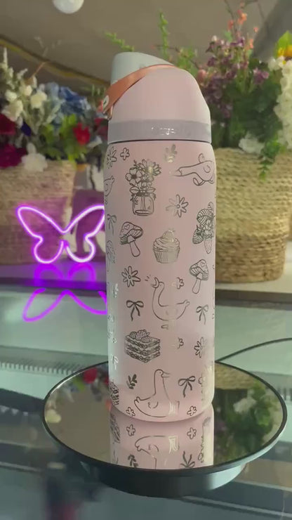 Engraved Owala Tumbler, Whimsical Goose Floral Water Bottle, Cute Cottagecore Owala Cup, Mushroom Bow Design, 24 32 oz Gift