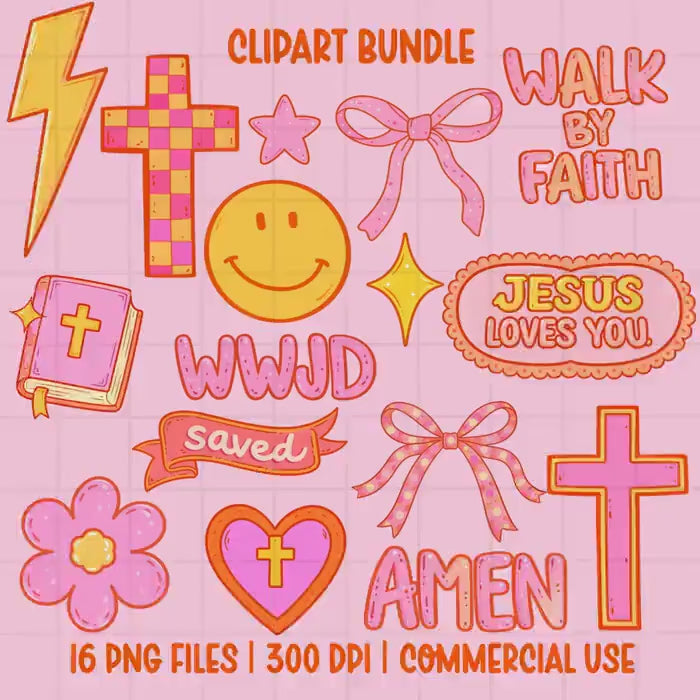 Retro Faith Clipart Bundle PNG, Christian Cross Smiley WWJD Amen Jesus Loves You, Pink Orange Trendy Religious Graphics