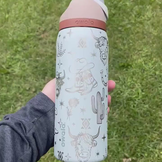Engraved Owala Tumbler, Western Cowgirl Water Bottle, Highland Cow Tumbler, Floral Boot Aztec Design, 24 32 40 oz Cup