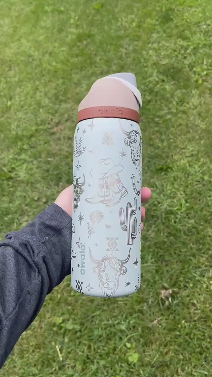 Engraved Owala Tumbler, Western Cowgirl Water Bottle, Highland Cow Tumbler, Floral Boot Aztec Design, 24 32 40 oz Cup