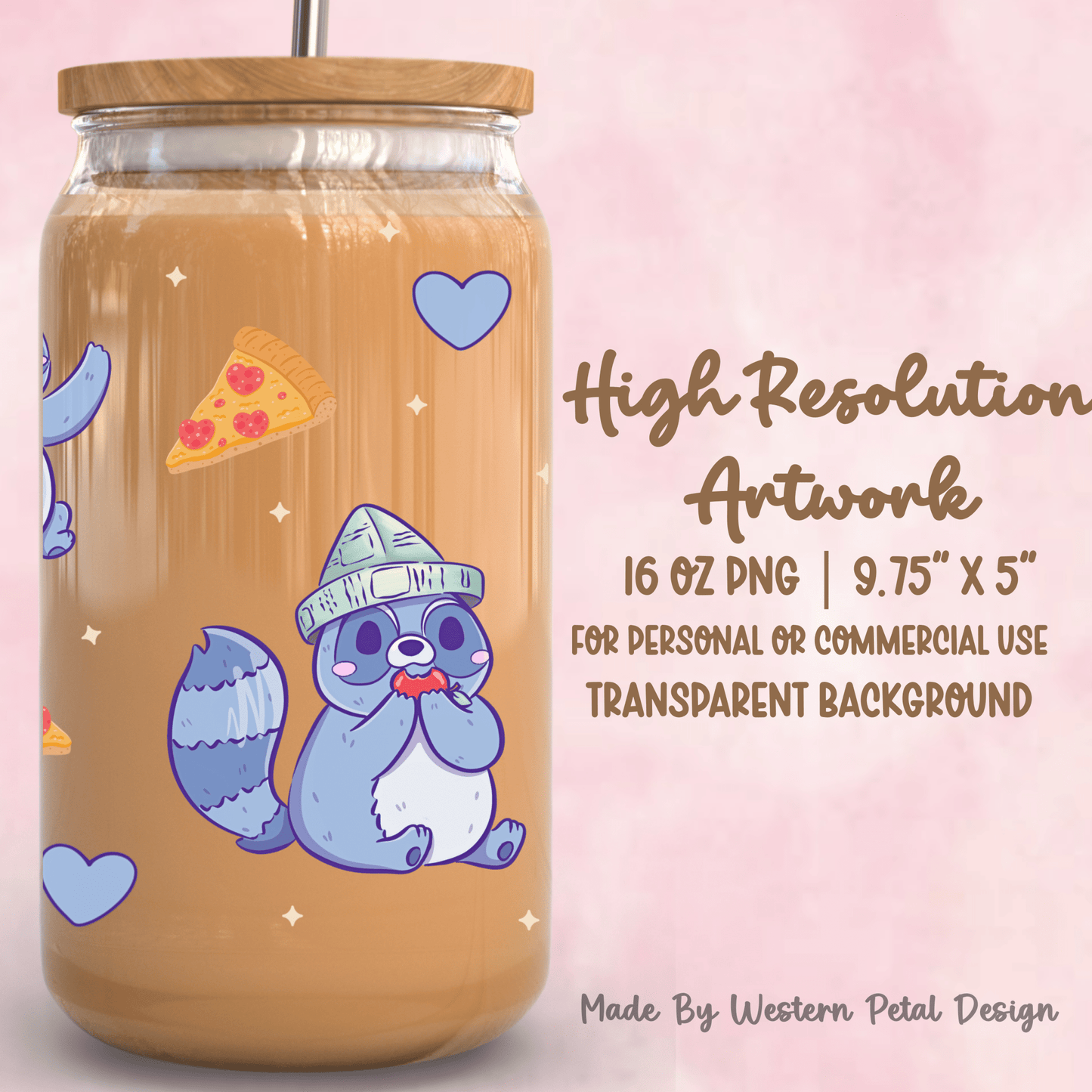 Raccoon Pizza 16oz Libbey Glass Can Wrap PNG | Kawaii Tumbler Design (Digital Download) - Western Petal Design