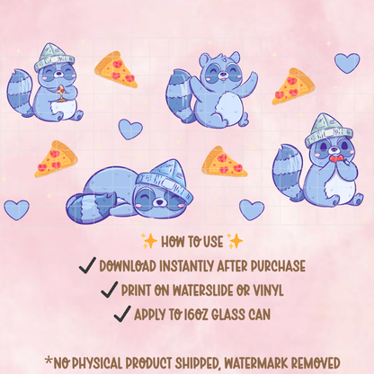 Raccoon Pizza 16oz Libbey Glass Can Wrap PNG | Kawaii Tumbler Design (Digital Download) - Western Petal Design