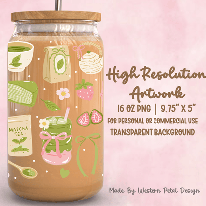 Strawberry Matcha Glass Can Wrap PNG, 16oz Libbey Cup Design, Coquette Cafe Drink Wrap, Pastel Green Aesthetic, Commercial Use - Western Petal Design