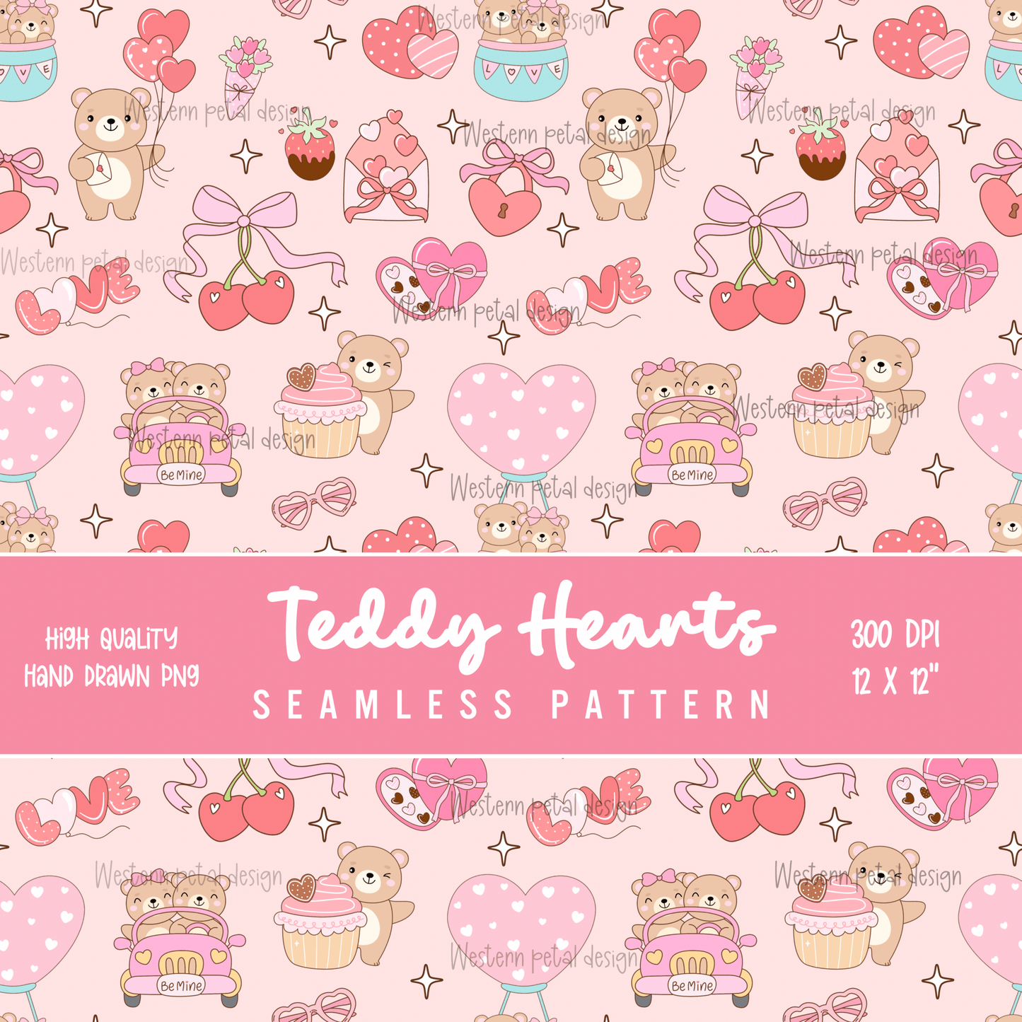Teddy Bear Valentine’s Day seamless pattern - Western Petal Design