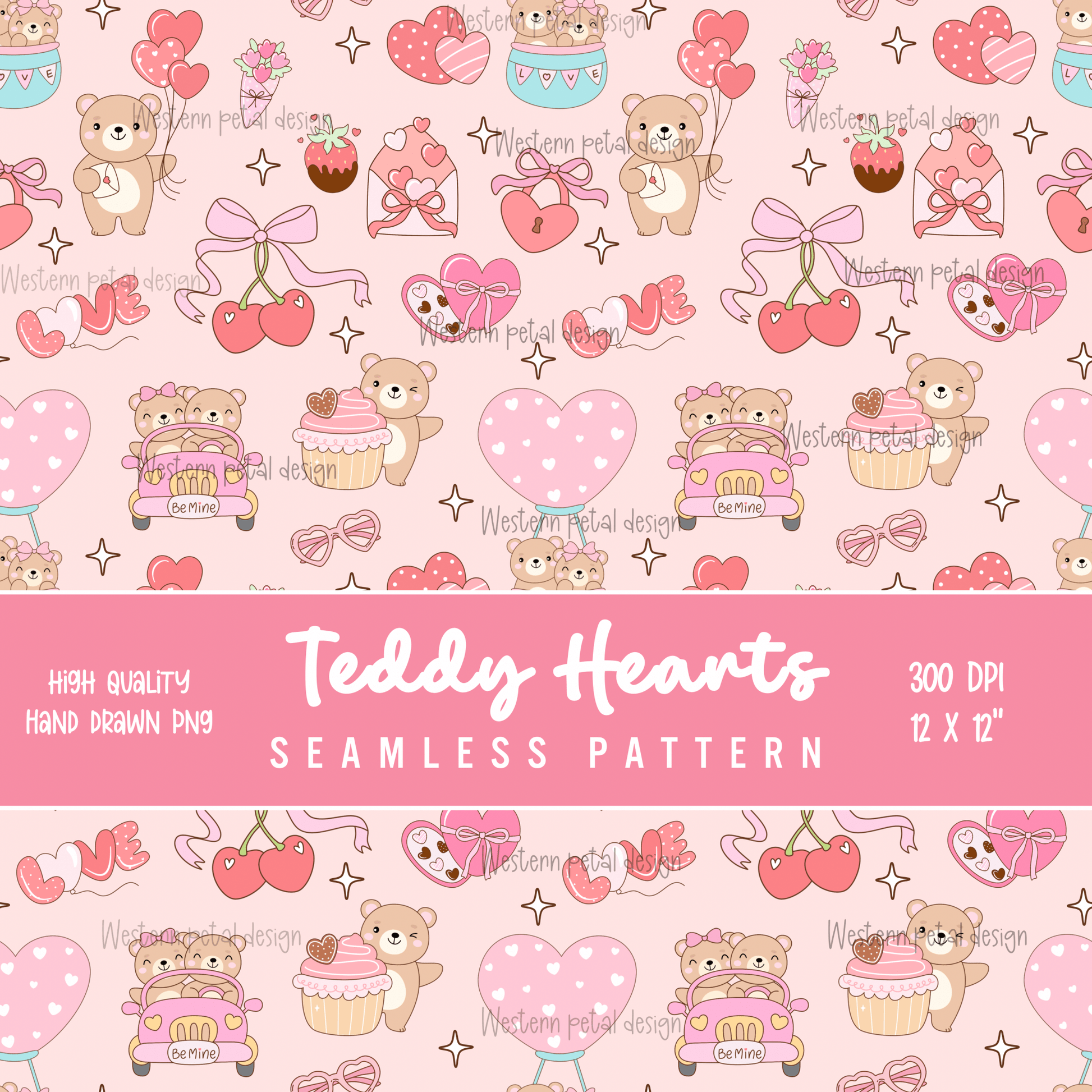 Teddy Bear Valentine’s Day seamless pattern - Western Petal Design